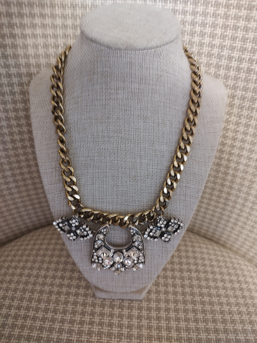 White House Black Market Gold-Tone Chain Necklace with Clear Crystal Clusters